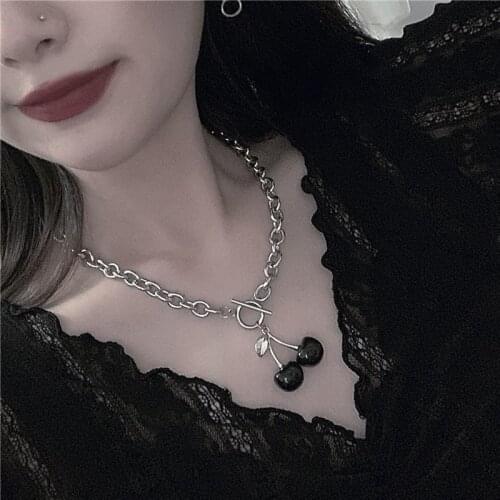 Black Cherry Chain Necklaces Gothic Silver Color Metal Choker for Women Girls Pendant Choker Party Jewelry Gifts