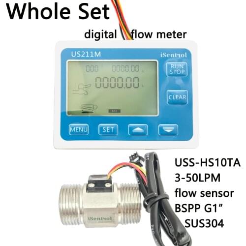 US211M Digital Water Flow Meter with SUS304 Stainless Steel G1" USS-HS10TA 3-50L/min Hall Water Flow Sensor Reader Dijiang iSent