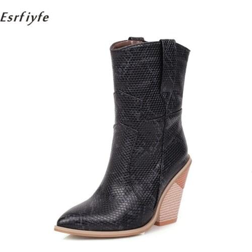 ESRFIYFE 2020 New Brand Women Boots Pointed Toe Wedges Shoes Autumn Winter Boots Short Ladies Western Boots Snake Leather Boots