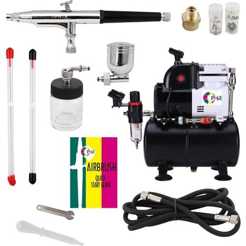 OPHIR 0.2mm,0.3mm,0.5mm Dual Action Airbrush Kit with Pro Air Compressor Double Switch for DIY Cake Hobby Set