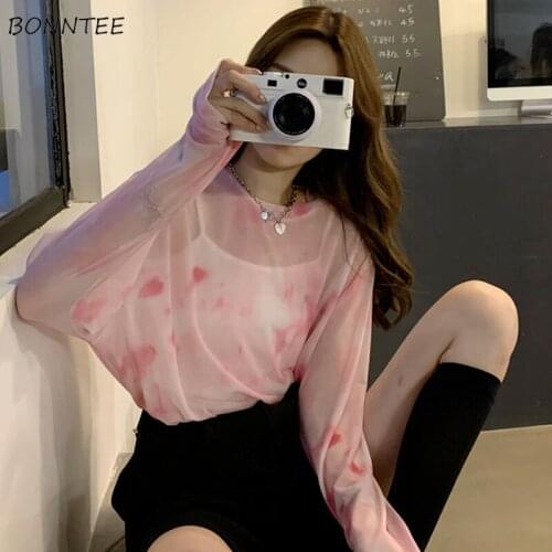 T-Shirts Women Plus Size Loose Tie Dye Sexy Mujer Tops Kawaii Harajuku Korean Style All-match Sun-proof Sheer Simple Chic Ins