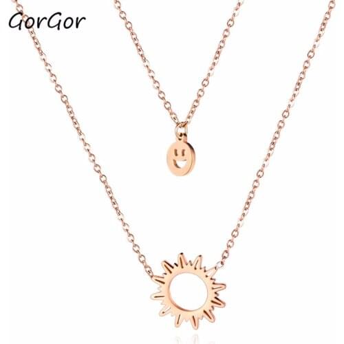 GorGor Japanese And Korean Simple Stainless Steel Sun Rays Double-layer Smiling Face Fashionable Women Choker Necklace 1654