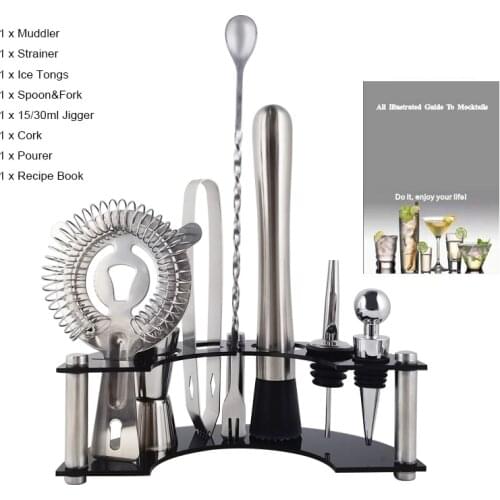 Ideal Drink Mixing Tool Kit, Bartender Kit, Bar Tool Set Cocktail Making Set with Stand Spoon Muddler Strainer Ice Tong Jigger