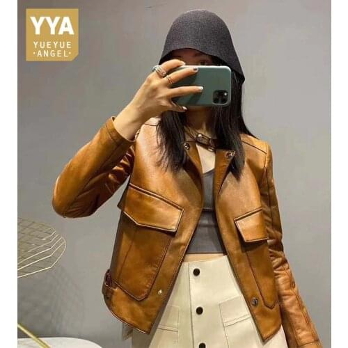 Womens Biker Genuine Leather Short Jacket Spring Autumn New Slim O-Neck Sheepskin Coat Casual Office Lady Outerwear Big Pockets