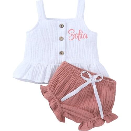 Personalized Name Baby Girls Summer Clothes Button Rompers Tops Shorts Pants 2PCS Custom Toddler Infant Baby Clothing Outfit