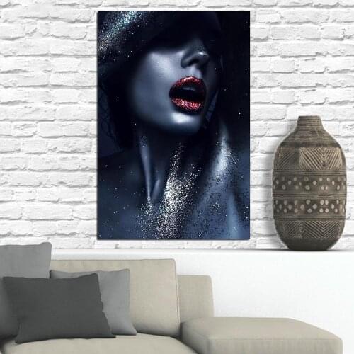 Wall Art Canvas Painting Poster Printed Blue And Black Bright Red Lips Girl HD Wallpaper Modular Pictures For Bedroom Home Decor