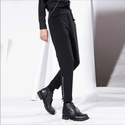 M-5xl Original Design Hair Stylist Nine Points Feet Pants Mens Irregular Belt Tide Tapered Pants Singer Stage Zippers Trousers