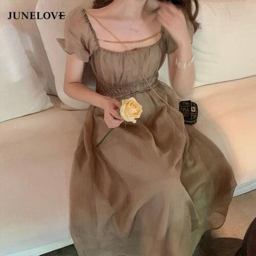 JuneLove French Vintage Midi Dress Women Casual Square Collar Short Sleeve Elegant Dress Femae 2021 Summer Party Dress Korean