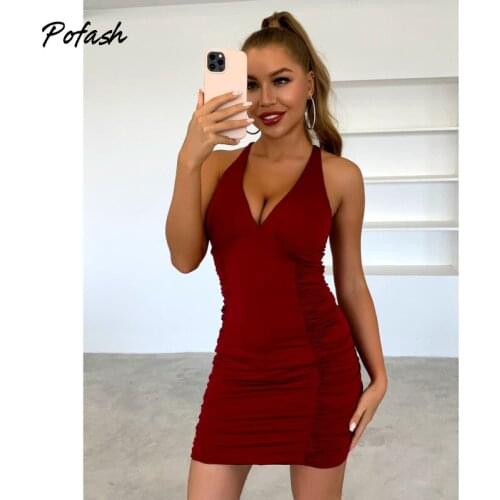 Pofash Solid Deep V Neck Sexy Dresses Women Clothing Lace Up Backless Ruched Bodycon Club Party Vestido Female 2021 Summer Dress