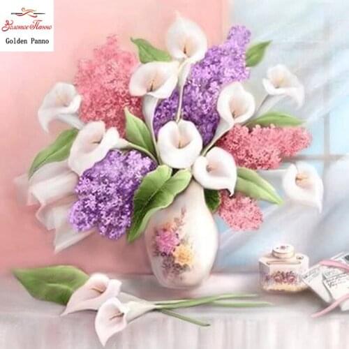 Full square Diamond Embroidery flower Handmade Diamond Painting pink white flower Needlework Mosaic Cross Stitch Home