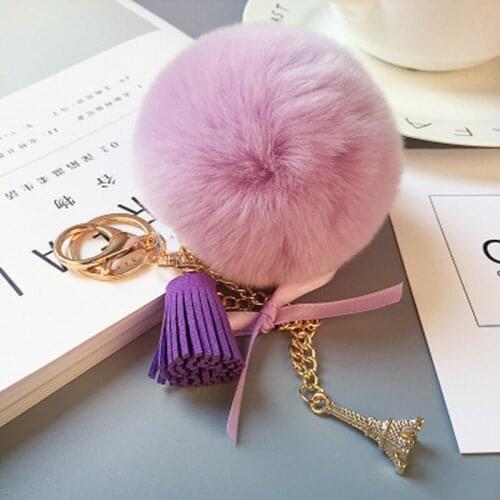 20pcs Fluffy Rabbit Fur Ball Key Chain Women Eiffel Tower Bag Pendant Fur Pom Pom Car Key Chains Jewelry Accessories