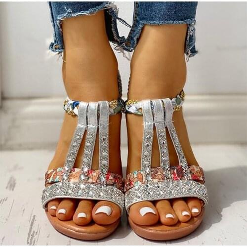 Womens Sandals Summer Bohemia Platform Wedges Shoes Crystal Gladiator Rome Woman Beach Shoes Casual Elastic Band Female