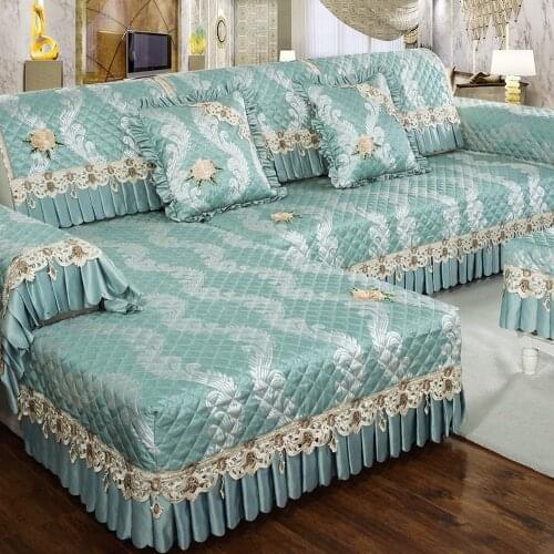 Blue Luxury Cotton Linen Sofa Cover Grey Jacquard Embroidery Sofa Towel Thick Soft Cushion Pillow Case Exquisite Lace Sofa Set 2