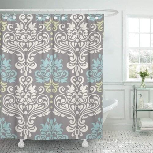 Blue Modern Floral Colorful Damask Pattern Swirl Abstract Border Shower Curtain Waterproof Polyester Fabric 72 x 78 Inches Set