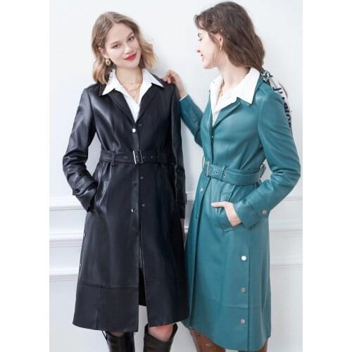 Womens clothing in autumn 2021 new sheepskin waist adjustable bandage medium length leather clothes