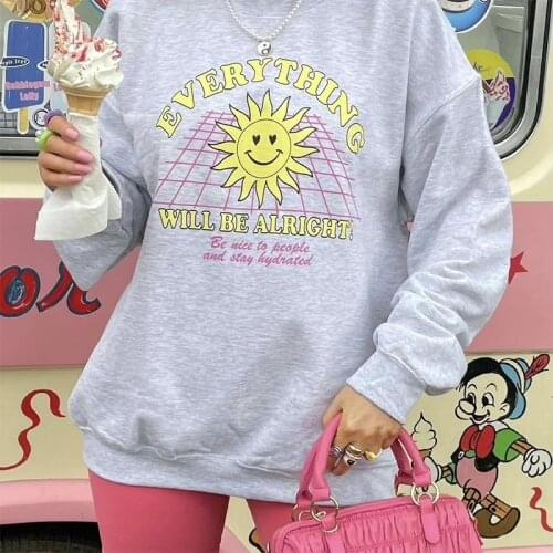 Everything Will Be All Right Sun Smiling Face Print Grey Sweatshirt For Women Vintage Style Autumn Thick Loose Casual Pullover