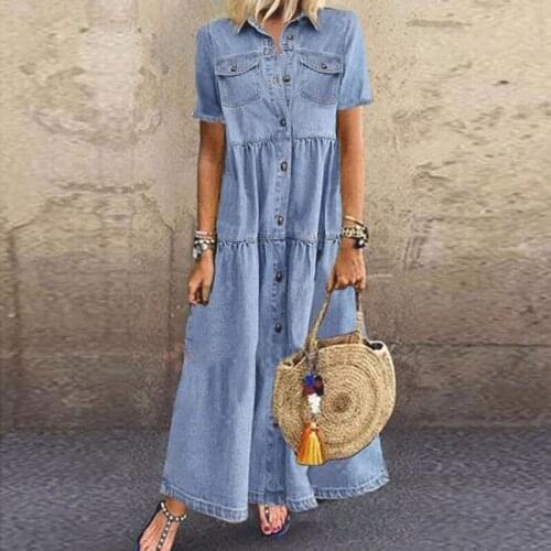 Women Summer Denim Dress Retro Lady Short Sleeve Turn Down Collar Pockets Button Long Loose Denim Dress