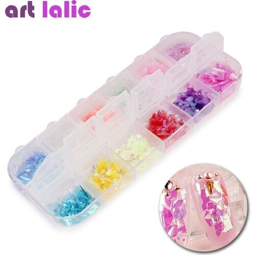 1 Set Nail Glitter 12 Candy Color Mixed Ice Mylar Shell Foils Nail Art Flakes Manicure Nails Tips Decorations 3D Designs