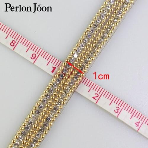 1 yard white rhinestone Double gold chain hot fix tape ribbon crystal rhinestone decoration iron on shoes clothing accessories