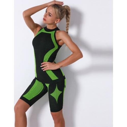 2 Pieces/Set Seamless Women Casual Sets Fitness Sports Sleeveless Tops Tracksuit Tops+Shorts Bottoms Sexy Female Sets