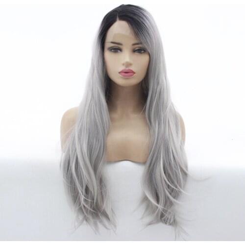 26 Inches Ombre Grey Wig For Women Dark Roots Side Part Soft Synthetic Grey Wigs For Women Long Natural Wavy Heat Resistant Wig