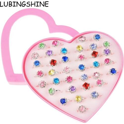 36 PCS/set Adjustable Kids Rings Jewelry Heart Crystal Open Finger Ring For Children Girls Birthday Party Gift Without Box