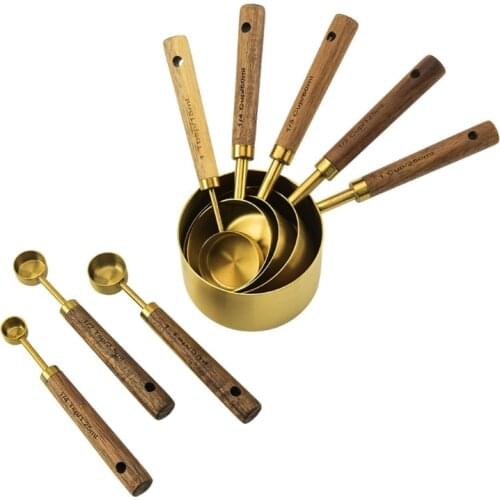 4/8pcs Stainless Steel Measuring Spoons Cups Wooden Handle Household Kitchen Dining Bar Baking Cake Sugar Tools Set