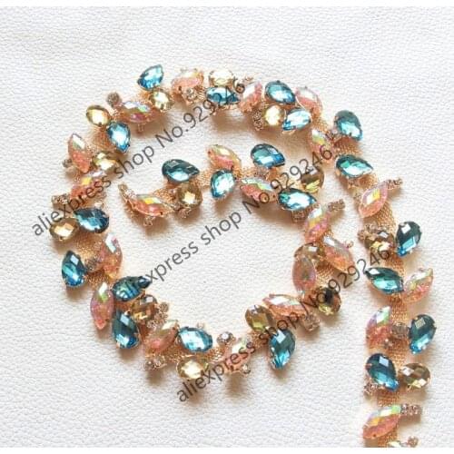 91cm/lot fashion blue acryl rhinestone metal gold chain garment yard trims colorful stone applique sewing-on coat bag accessory