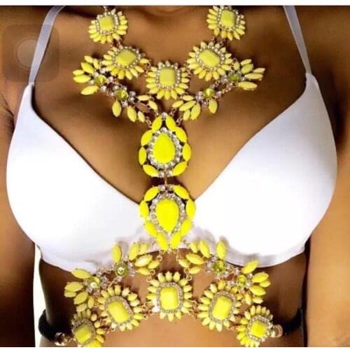Four colors, yellow, blue, white, rose red necklace female summer exaggerated fluorescent color flower drill body chain