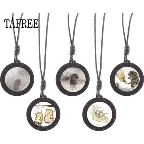 TAFREE Hedgehog Wooden Necklace natural ainimal ecological balance Fashion Round Glass Cabochon Pendant H222
