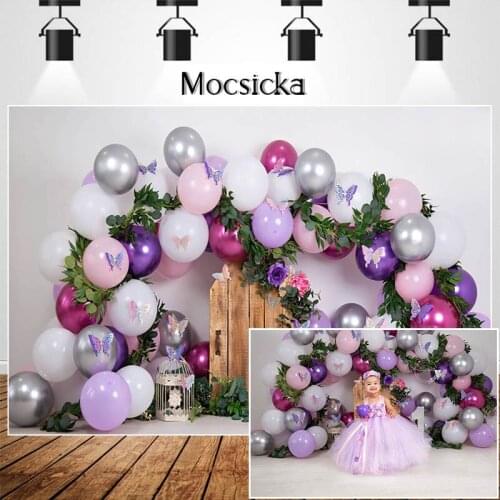 Spring Garden Butterfly Photography Studio Photo Background Kids 1st Birthday Cake Smash Backdrop Purple Balloon Flowers Decor