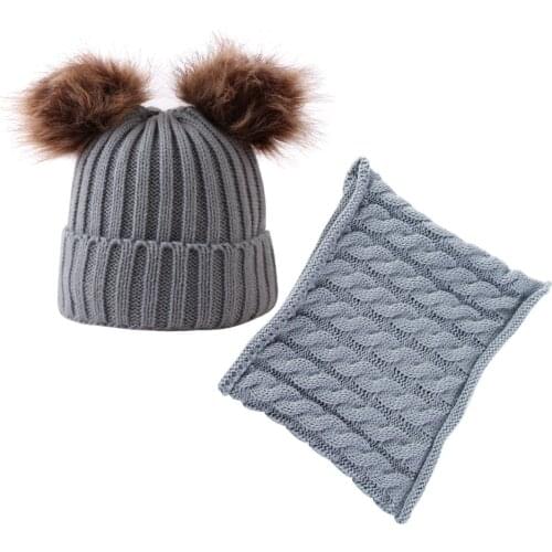 Double Hair Ball Baby Hat Scarf Suit Winter Knitteed Kids Hat Scarf Set Acrylic Girls And Boys Hats Neck Warm Children Scarf