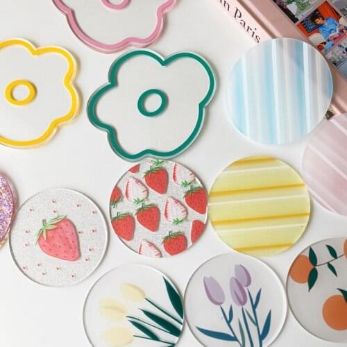Korea Ins Colorful Acrylic Waterproof Coaster Insulation Cup Pad Coffee Milk Water Mat Flower Strawberry Sequin Anti Slip 1* PC