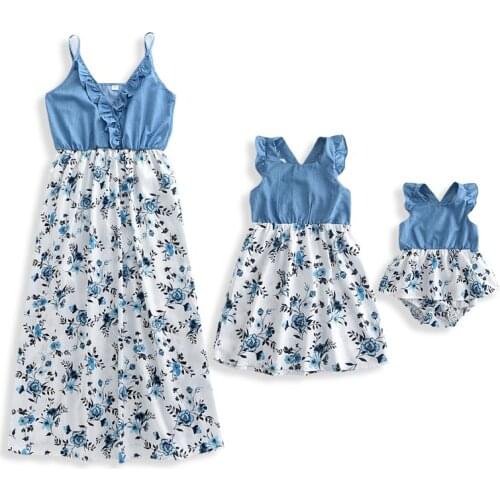 Summer Family Matching Outfits Mother Daughter Flowers Patchwork Dresses Short Sleeve Dad And Son Solid Color Shirts