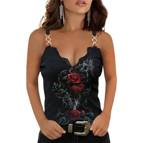 Summer Camisole Rose Print Lace Women Slim Sleeveless V Neck Vest for Dating tops for women fashion Black xxxxl