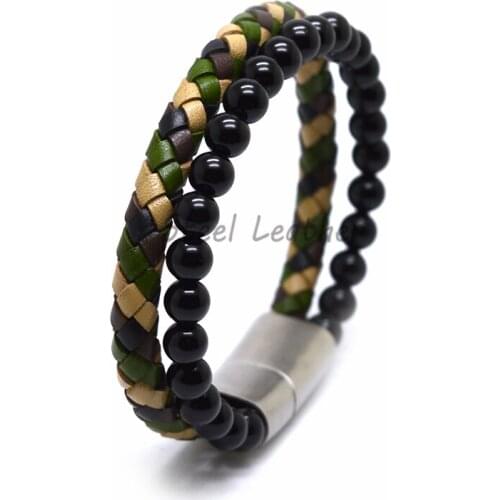 5pcs/lot 2020 New Fashion Charm Male Leather Bracelet Stone Agates Bead Black Stainless Bracelets & Bangles for Men Punk Jewelry