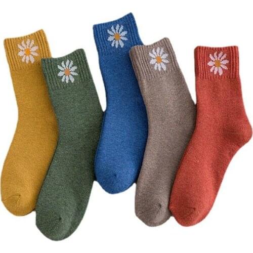 5 Pairs Cute Winter Women Little Florel Socks, Simple Korean Solid-Color Thickened Socks Kawaiis Fun And Happy Cotton Socks