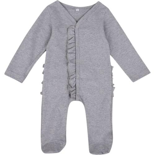 Newborn Boys Girls Solid Ruffle Footwear Romper Long Sleeve V Neck Infant Rompers Jumpsuits Baby Autumn Winter Clothing 0-6M