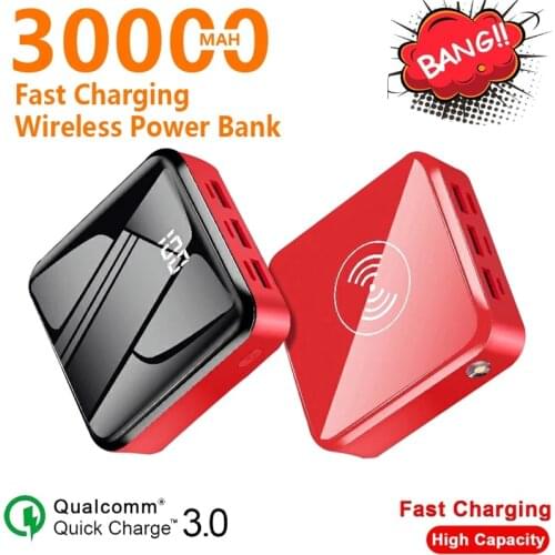 30000mAh Powerbank Mini QI Wireless PowerBank Digital Display With 3 USB Ports Fast Charging Battery for Samaung IPhone Xiaomi