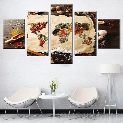 Frame Canvas Painting Wall Art 5 Pieces Grains Spices World Map Pictures Modular Food Posters Living Room Home Decoration