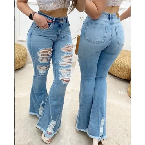 Ripped Jeans for Women Striped High Waist Wide Leg Flare Jean Woman Push Up Denim Pants Bell Bottom Trousers Pantalon Jean