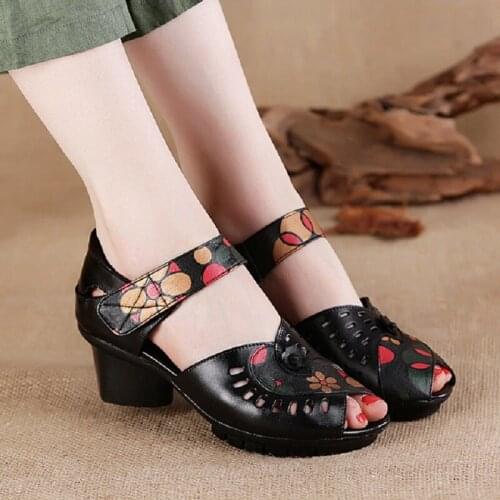 Summer China Style Fashion Genuine Leather Floral Breathable Hollow Sewing Peep Toe Women Sandals Flowers Lady Shoes 190605