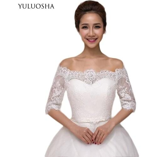YULUOSHA Bridal Wraps Flora Crocheted Mesh Lace Women Wedding Jackets Off Shoulder Short Sleeve Wedding Accessories Jackets