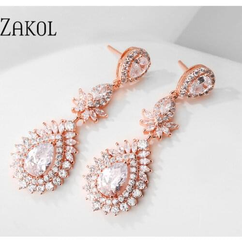 ZAKOL New Retro Style Shiny Big Water Drop Shape Cubic Zirconia Pendant Dangle Earrings Luxurious Women Bridal Jewelry FSEP5049