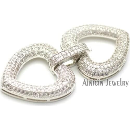 5pcs Silver Color Rhinestone Crystal Setting 23x50mm Heart Shape Clasp Pendants For Fashion Women Necklace Making Materials