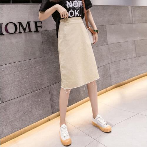 2021 Women Summer Skirt New Korea Casual High Waist Jean Stretch Skinny Female Solid Pencil Pockets Denim White SkirtYM200