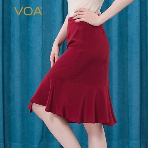 VOA Silk Solid Color Waist Pocket Hip Ruffled Hem Crows Feet Crepe De Chine Romantic Wavy Horn Overskirt CD081