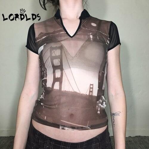 LORDLDS Women Mesh Tops Summer Goth Fashion See Through Graphic Tees Vintage Print Short Sleeve Tshirts Aesthetic Clothes