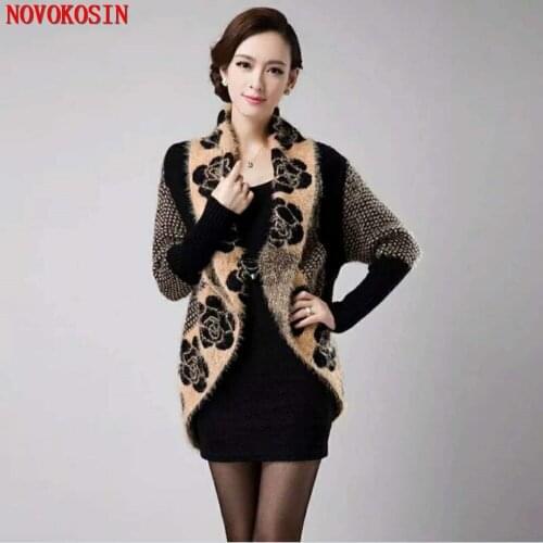 SC177 Long Knitted Printed Shawl Open Stitch Jacquard Sweater 2018 Fashion Women Soft Faux Fur Turn Down Collar Thick Cardigans