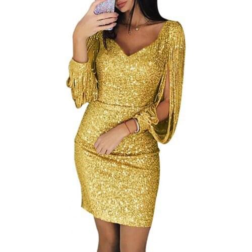 Oversize Elegant Women Mini Dress Party Solid Color Sequins Glitter Long Sleeve V-Neck Skinny Dresses Nightclub